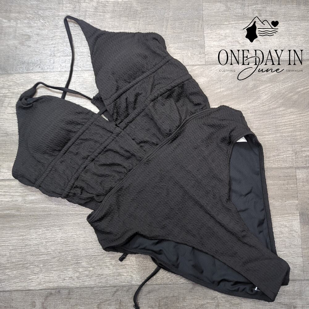 SOLY HUX Smocked Tie Back Cut Out One Piece Swimsuit Black NWT Size M
